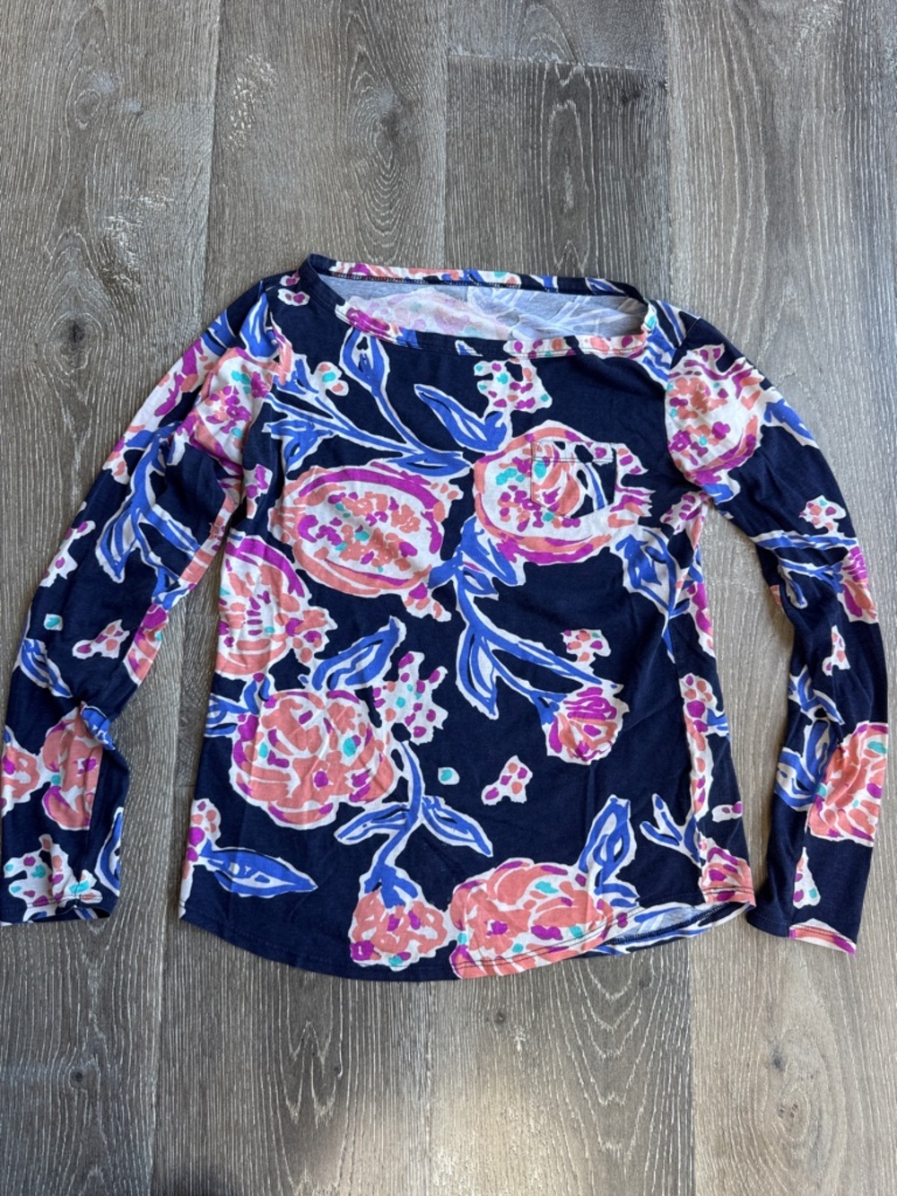 Lilly Pulitzer Navy Long-Sleeve Floral Top with Pink and Coral Blooms 0325